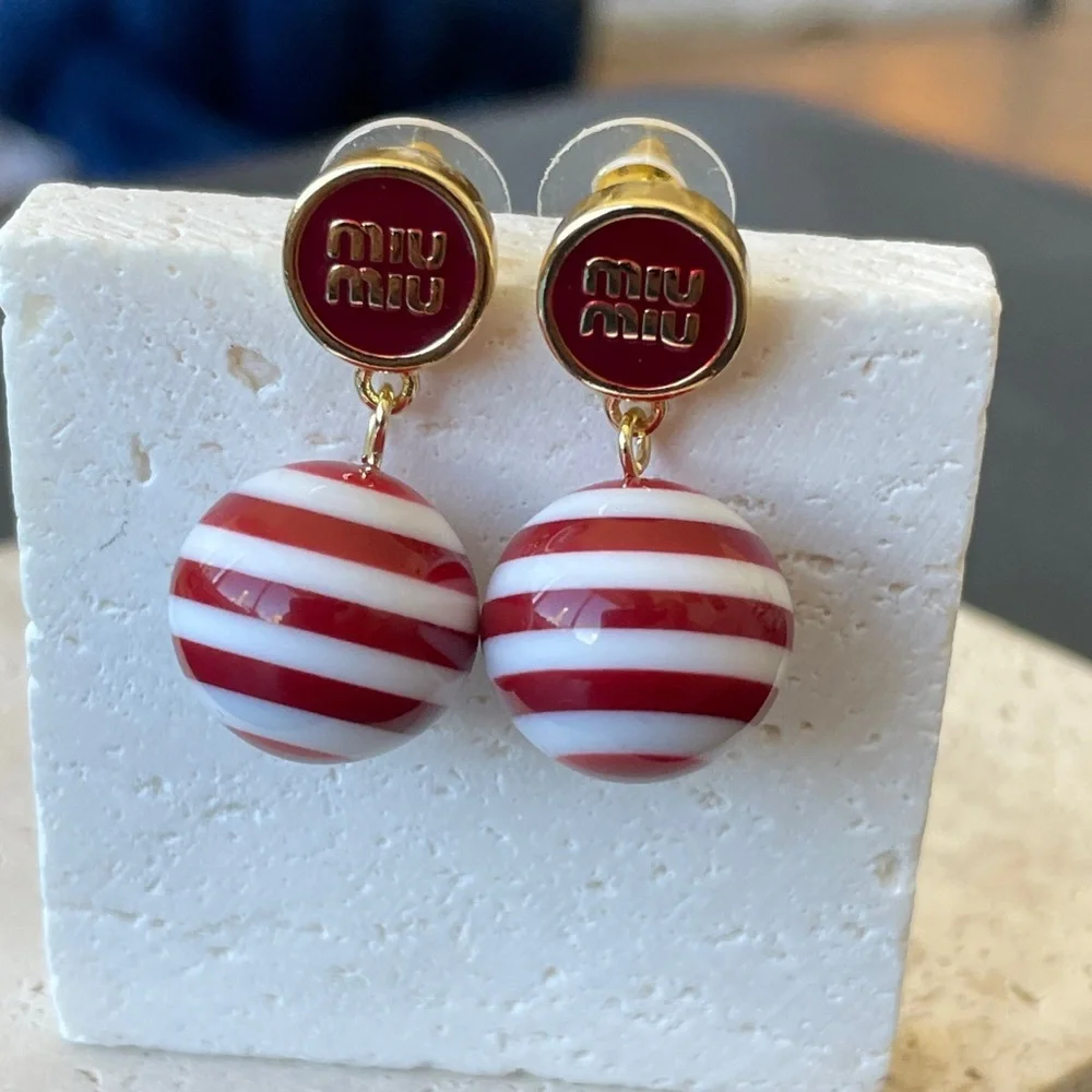 Miu Miu Red and White Striped Drop Logo Earrings
